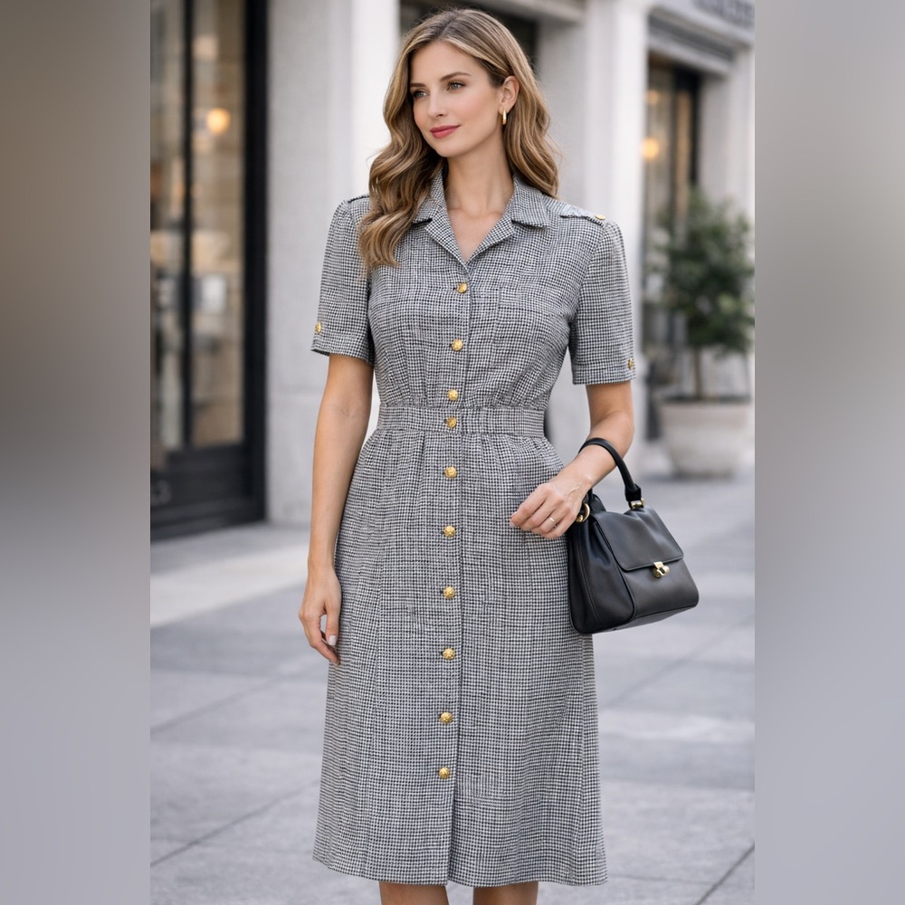 Vintage Neiman Marcus Houndstooth Midi Dress | Button Front Workwear | Size 10”